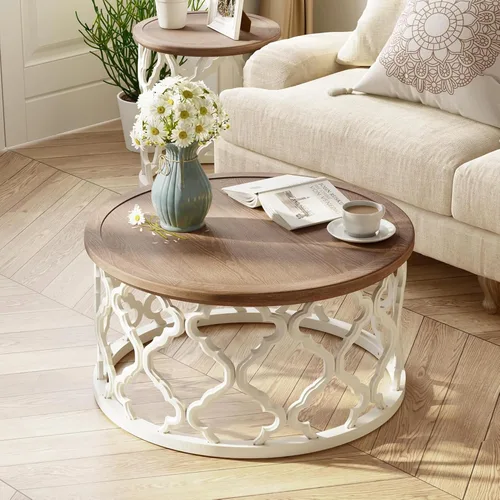 Miniatura 8 de COZAYH Mesa de centro redonda de granja, bandeja de madera envejecida con base curvada, mesa rústica bohemia para sala de estar, color blanco