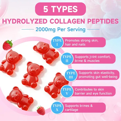 Miniatura 5 de Paquete de 2 gomitas de péptido de colágeno para mujeres y hombres, proteína de colágeno tipo I, II, III, V, X con biotina vitamina C, D, suplemento