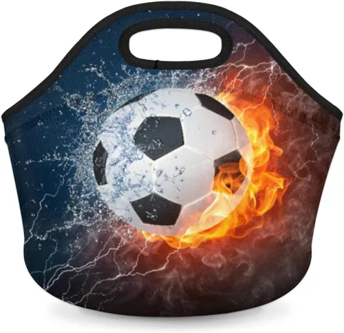 Bolsas de almuerzo de neopreno con balón de fútbol en fuego de hielo para mujeres, bolsas de almuerzo, lavables, aisladas, para el trabajo, picnic,
