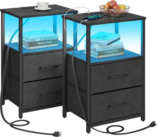 Miniatura 13 de TUTOTAK Mesita de noche LED con estación de carga, mesita de noche grande con puerto USB y Type-C, mesa de noche con cajones de tela, mesa auxiliar