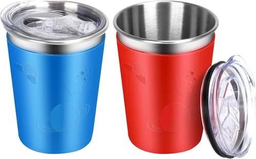 ShineMe Vasos de acero inoxidable para niños, paquete de 2 tazas para niños con tapas y bonitas mangas de personajes espaciales, vasos antiderrames