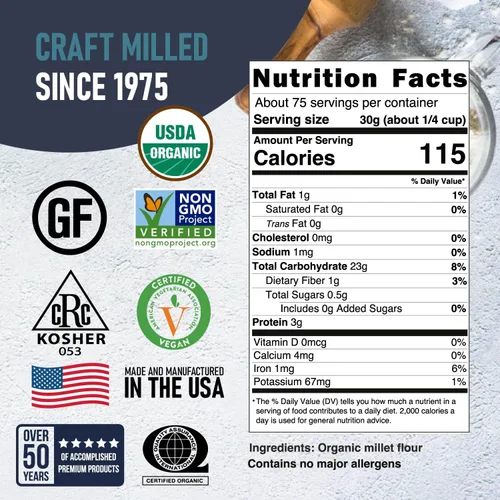 Miniatura 2 de Great River Milling Harina de mijo orgánica USDA orgánica, naturalmente sin gluten, sin OMG, vegana, kosher Sabor suave a nuez para hornear