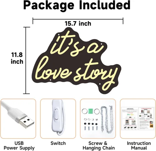 Miniatura 4 de Letrero de neón con texto en inglés "It's a Love Story", luz LED blanca cálida para dormitorio, estética, cumpleaños, boda, fiesta, regalo, novio