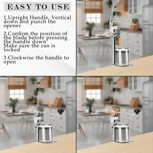 Miniatura 5 de Abrelatas comercial resistente, abridor manual ajustable con 2 cuchillas y base de acero chapada, se adapta a latas de hasta 10 pulgadas de alto