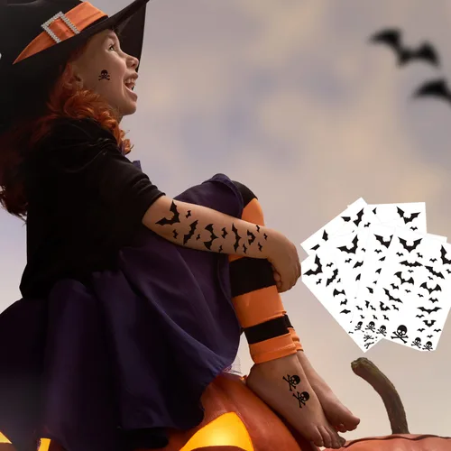 Tatuajes de cara de murciélago de Halloween, 6 hojas falsas de calavera de murciélago, tatuajes temporales, calcomanías de tatuaje de cara de
