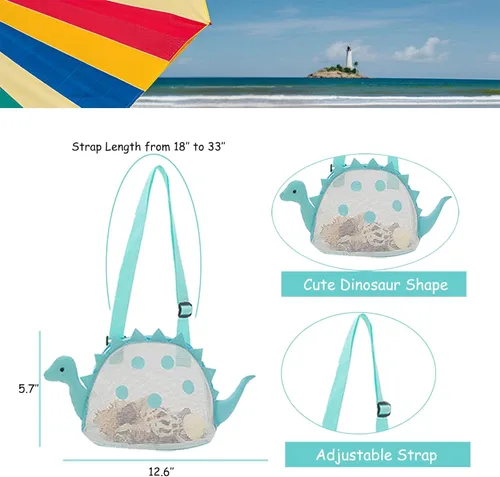 Miniatura 2 de AUONY Bolsa de playa de malla para juguete de playa, bolsa de conchas para niños, bolsa de juguete de arena de dinosaurio para sostener conchas, Azul