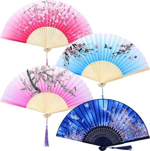 Miniatura 12 de Aneco 4 ventiladores plegables de mano, abanicos de tela de seda, abanicos de mano para bodas, fiestas, regalos, decoración de pared