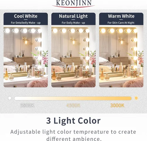 Miniatura 2 de Keonjinn Espejo de tocador Hollywood con luces y altavoz Bluetooth, 15 bombillas reemplazables, espejo de maquillaje con 2 bombillas de repuesto, 3