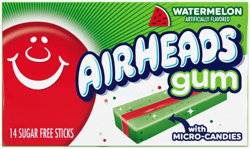 Miniatura 3 de Airheads Caramelo, goma de mascar, sabor a sandía, sin azúcar, xilitol, 14 barras por paquete, caja de 12 paquetes