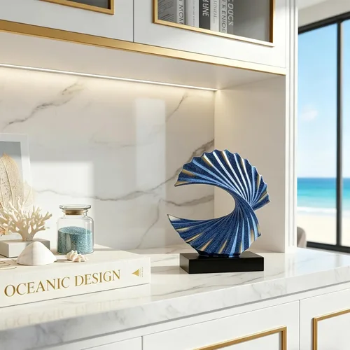 Miniatura 3 de Escultura de onda de oro azul, detalles modernos de olas oceánicas, estatua de arte de resina para estante, mesa de café, soporte de TV, adornos