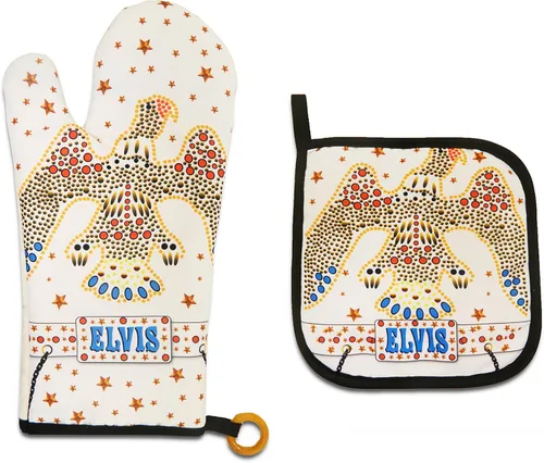 Midsouth Products Elvis Presley - Juego de manoplas para horno y soporte para ollas, color blanco