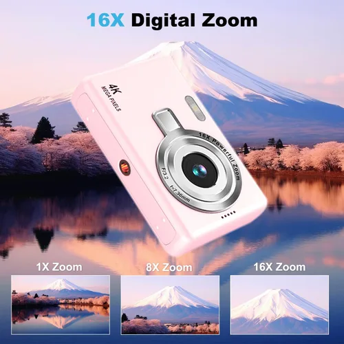 Miniatura 3 de Cámara digital, enfoque automático UHD 4K 50MP cámara de vlogging para fotografía con tarjeta SD de 32 GB, zoom 16X, antivibración, cámaras Rosa