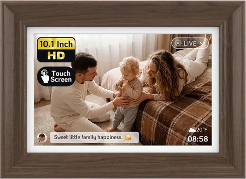 NexFoto Marco de fotos digital de madera de 10.1 pulgadas, marco de fotos electrónico WiFi de 64 GB, pantalla táctil HD, añade fotos de Google