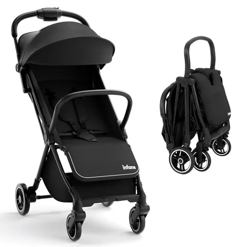INFANS Cochecito de viaje plegable ultracompacto listo para avión, plegado por gravedad con una sola mano cerca del asiento reclinable plano, Negro