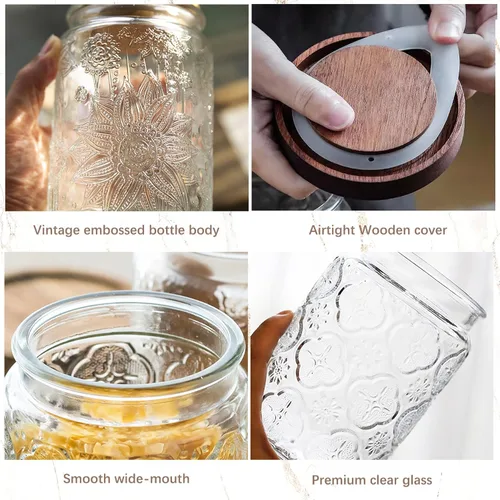 Miniatura 5 de Custde Tarros de almacenamiento de vidrio con tapa hermética de bambú, 35 onzas líquidas, recipientes decorativos de alimentos para encimera