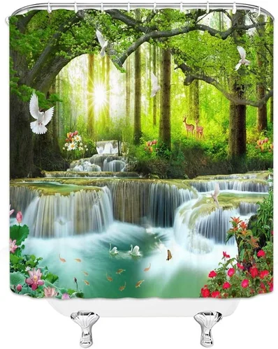 Miniatura 2 de Cortina de ducha con diseño de cascada, naturaleza, bosque, árbol, animales salvajes, ciervos, pájaros, flores, mariposa, amanecer, verano, paisaje