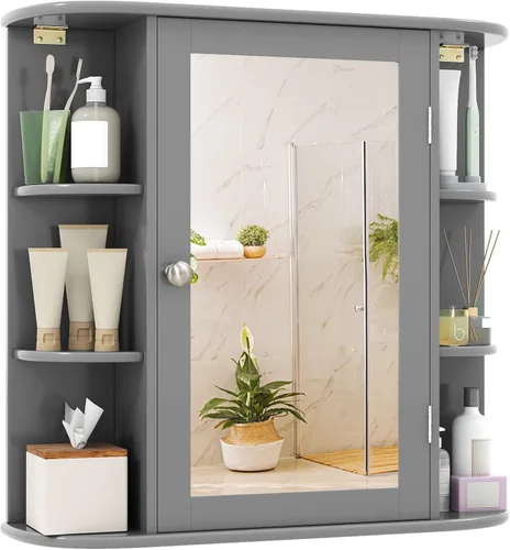 Miniatura 10 de Tangkula Botiquín de baño con espejo, almacenamiento para el hogar montado en la pared con puerta y 6 estantes abiertos, estantes ajustables, Negro