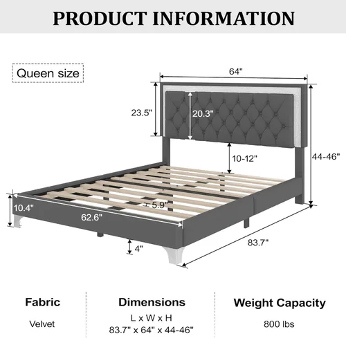 Miniatura 2 de Merax Cama de plataforma tapizada, tamaño Queen, tela de terciopelo LED, marco de cama de madera con luces LED y cabecera copetuda para dormitorio