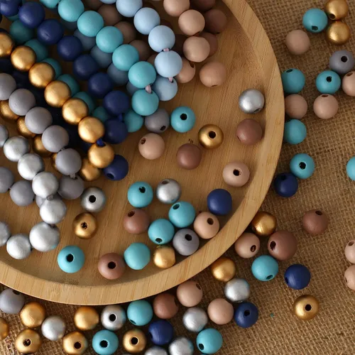 500 cuentas de madera de colores redondas azules, cuentas de madera natural coloridas, cuentas de madera dorada para festivales, cuentas de granja