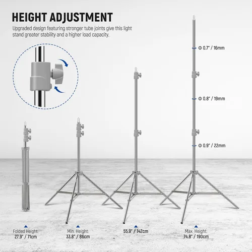 Miniatura 3 de NEEWER Soporte de Luz Mejorado de 75"/190cm de Acero Inoxidable con Resorte, Trípode de Fotografía Plegable con Juntas de Tubo Más Resistentes