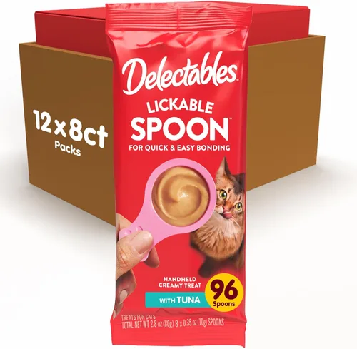 Miniatura 12 de Delectables Golosinas para lamer con cuchara de mano para gatos hechas con pollo y salmón reales, puré cremoso rápido y fácil, sin desorden, sin