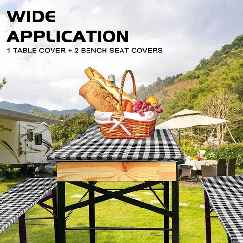 Miniatura 4 de bealy Funda para mesa de picnic con fundas para banco, juego de 3 piezas de mantel de vinilo impermeable a cuadros de 6 pies con borde elástico