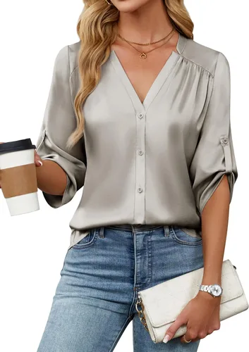 Miniatura 17 de Blooming Jelly Camisas con botones para mujer de manga 3/4, tops casuales elegantes, blusas de negocios de satén de seda plisado 2025