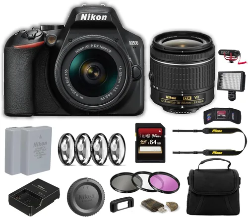 Nikon Cámara D3500 DSLR con lente de 0.709-2.165 in (1590) Kit avanzado con bolsa, batería extra, luz LED, micrófono, filtros y más (renovado)