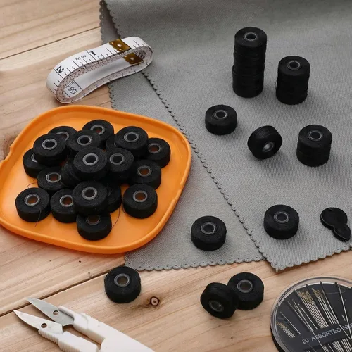 Miniatura 6 de 100 bobinas magnéticas L preenrolladas para máquina de bordar, hilo de bobina preenrollado de poliéster 70d para costura doméstica comercial (negro)