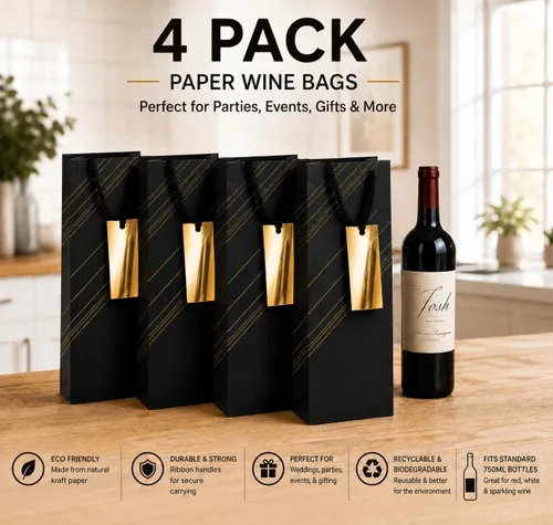 Miniatura 6 de Paquete de 4 bolsas de regalo de vino reutilizables, 4 x 4 x 14 pulgadas, bolsas de papel para botellas de vino