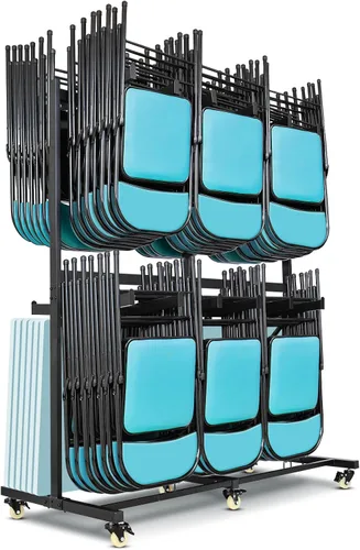 Carrito de silla plegable de 800 libras de capacidad, estante resistente de 2 niveles con ruedas de bloqueo para 84 sillas, carrito de