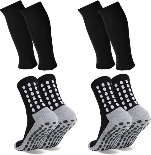 Miniatura 11 de ZXOLDZX 2 Juego de Calcetines de Agarre para Fútbol con Mangas de Protector de Espinilleras, Calcetines de Espinillera para Piernas sin
