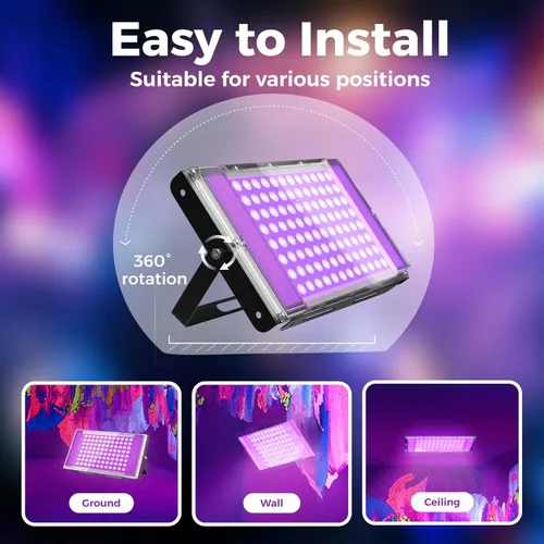 Miniatura 5 de Luz LED negra de 100 W, luz de inundación UV de 385 nm con enchufe e interruptor, luces negras impermeables IP66 para grandes espacios, fiestas