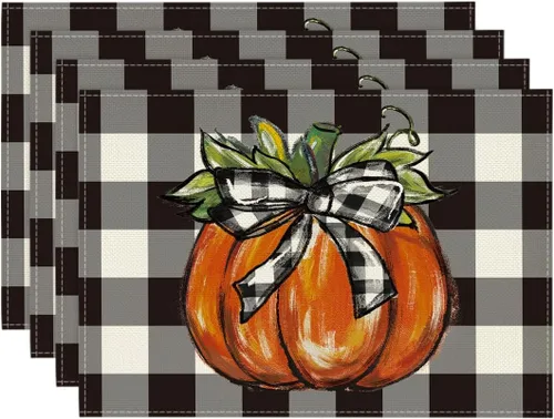 Artoid Mode Juego de 4 manteles individuales de otoño con diseño de calabaza a cuadros de búfalo de 12 x 18 pulgadas para decoración de fiestas,