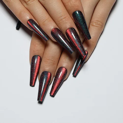 Miniatura 9 de Uñas postizas a presión largas, con brillo azul y diseño, acabado acrílico brillante, de cobertura completa, uñas postizas reutilizables para l002