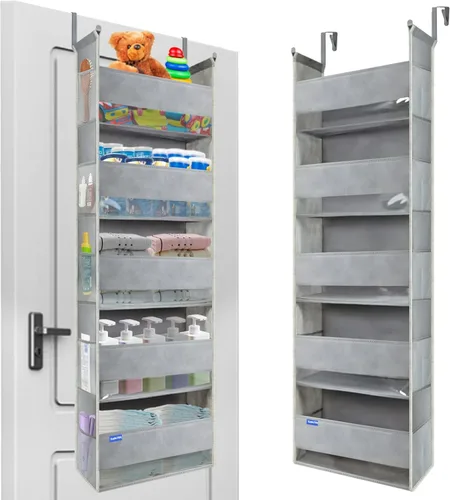 Miniatura 9 de Organizador sobre la puerta, 6 estantes y 12 bolsillos laterales, almacenamiento sobre la puerta para baño, dormitorio, guardería, organizadores
