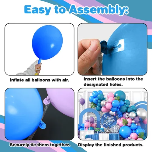 Miniatura 3 de Kit de Guirnalda de Arco de Globos Azul Morado, Globos Azul Rosa Morado Metálico Plateado para Cumpleaños de Niños Fiesta Tropical Hawaiana