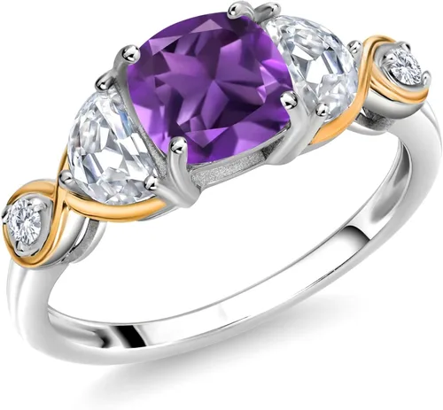 Gem Stone King Plata 925 y oro amarillo de 10 quilates, cojín de anillo de 3 piedras amatista media luna creada moissanita y diamante cultivado en