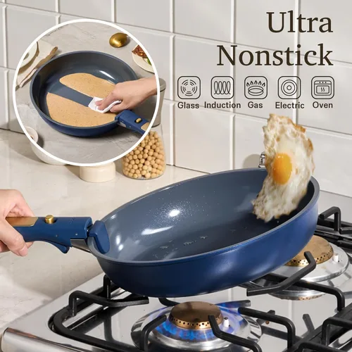 Miniatura 4 de CAROTE Juego de utensilios de cocina de cerámica azul y dorado, no tóxico, sin PFAS, juego de 15 ollas y sartenes antiadherentes, mango