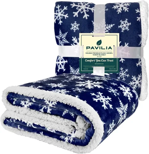 Miniatura 3 de PAVILIA manta de forro polar sherpa prémium, suave, acolchada, reversible, cálida y acogedora de microfibra lisa para sofá Copo de nieve azul