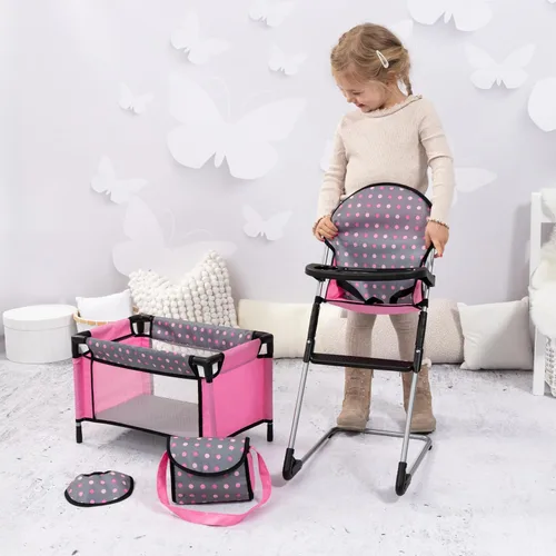 Miniatura 3 de Bayer Set de Trona/Cuna para Muñecas, Gris, Rosa con Puntos