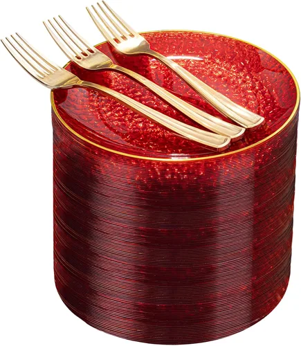 Miniatura 12 de DaYammi 240 platos de plástico negro que incluyen 120 platos de postre negros y 120 tenedores dorados, plato de fiesta martillado, platos
