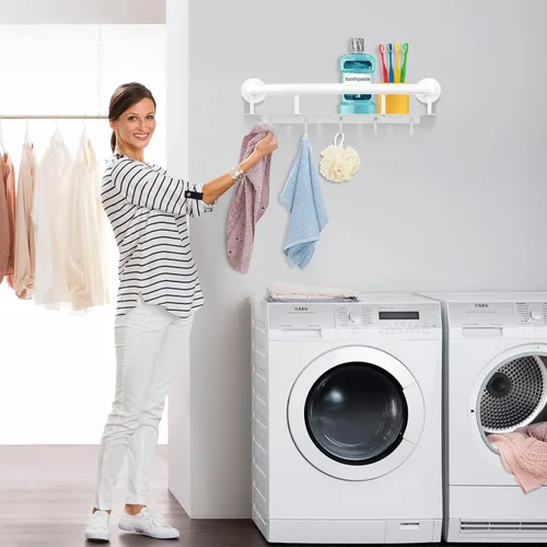 Miniatura 5 de Barra de seguridad blanca de 18 pulgadas con estante de almacenamiento para bañera o ducha, orificios de drenaje, acero inoxidable, barras de agarre