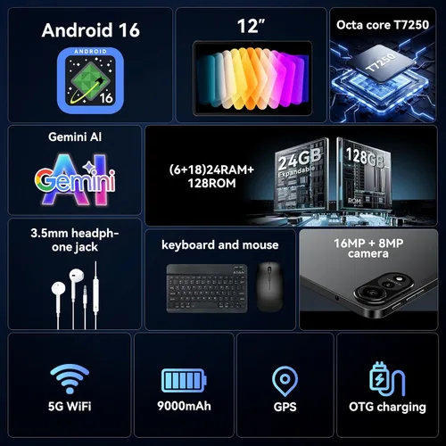 Miniatura 8 de Tablet N90 Android 16, tableta de 12 pulgadas 2K FHD+, tableta Android con teclado, WiFi 5G, 24GB+128GB/2TB, identificación facial, 9000 mAh, 4 años