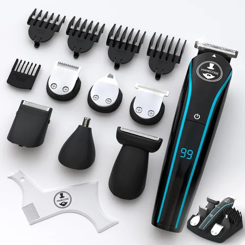MANECODE® Cortadora de barba y cabello para hombres – Self-Sharp Blades® USB-C, impermeable, pantalla LED, kit de aseo múltiple