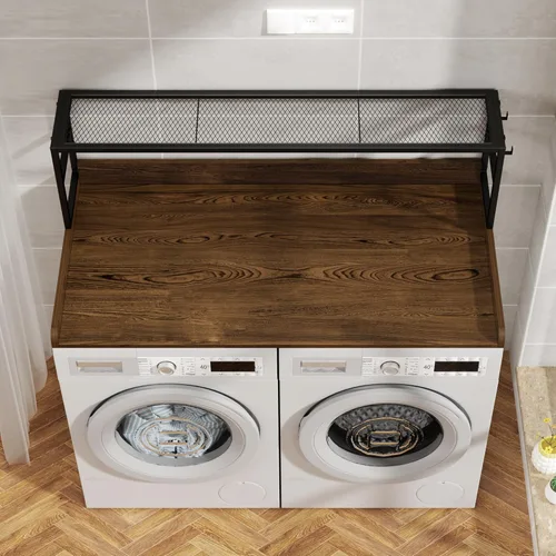 Miniatura 5 de Encimera para Lavadora y Secadora con Estante, Superficie Superior para Lavadora y Secadora, Encimera de Madera Maciza para Lavadoras y Secadoras