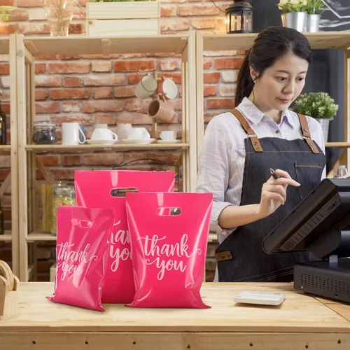 Miniatura 7 de Eersida 200 bolsas de plástico rosadas con asas troqueladas, bolsas de plástico para mercancías para compras, paquete de compras al por menor