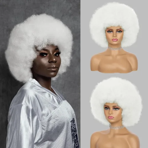Miniatura 15 de Peluca rizada afro de los años 70 para mujer, marrón oscuro, fibras sintéticas, suave, flexible, sin desprendimiento, correas ajustables Marrón/Negro