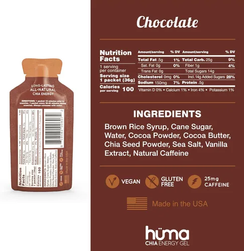Miniatura 2 de Gel energético Huma Chia Energy Gel, 24 unidades, Chocolate, 1 25 mg de cafeína, nutrición deportiva de primer nivel, ejercicio de resistencia