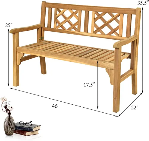 Miniatura 3 de HAPPYGRILL Banco de patio al aire libre, banco de jardín de madera de acacia con respaldo y reposabrazos, silla plegable de 4 pies para dos personas